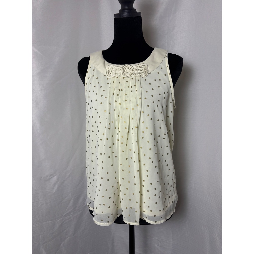 LC Lauren Conrad Ivory Gold Polka Dot Beaded Bow Sleeveless Blouse XS